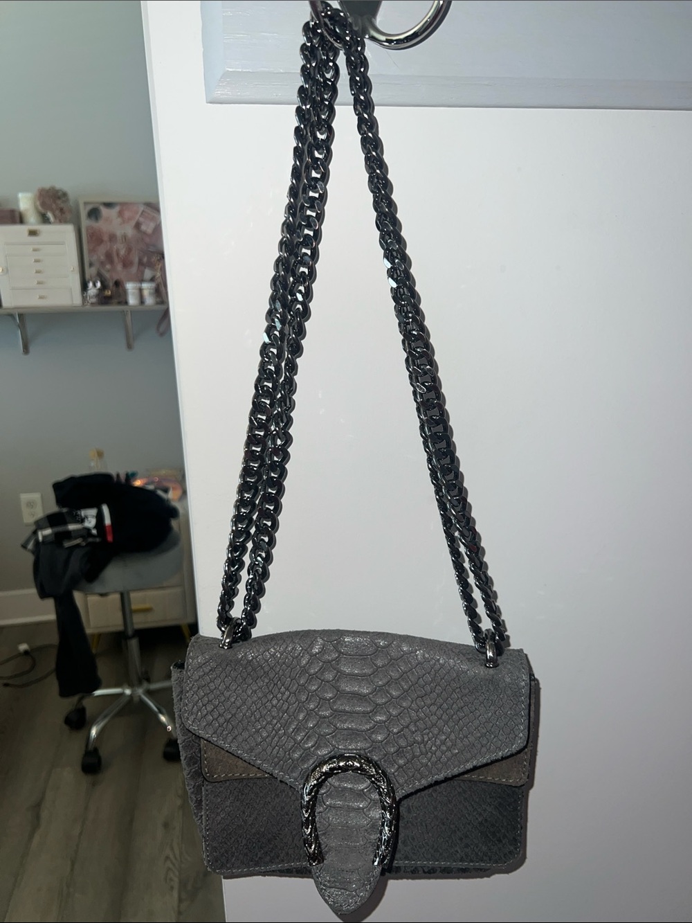 Women's Gray Chain-Shoulder Satchel